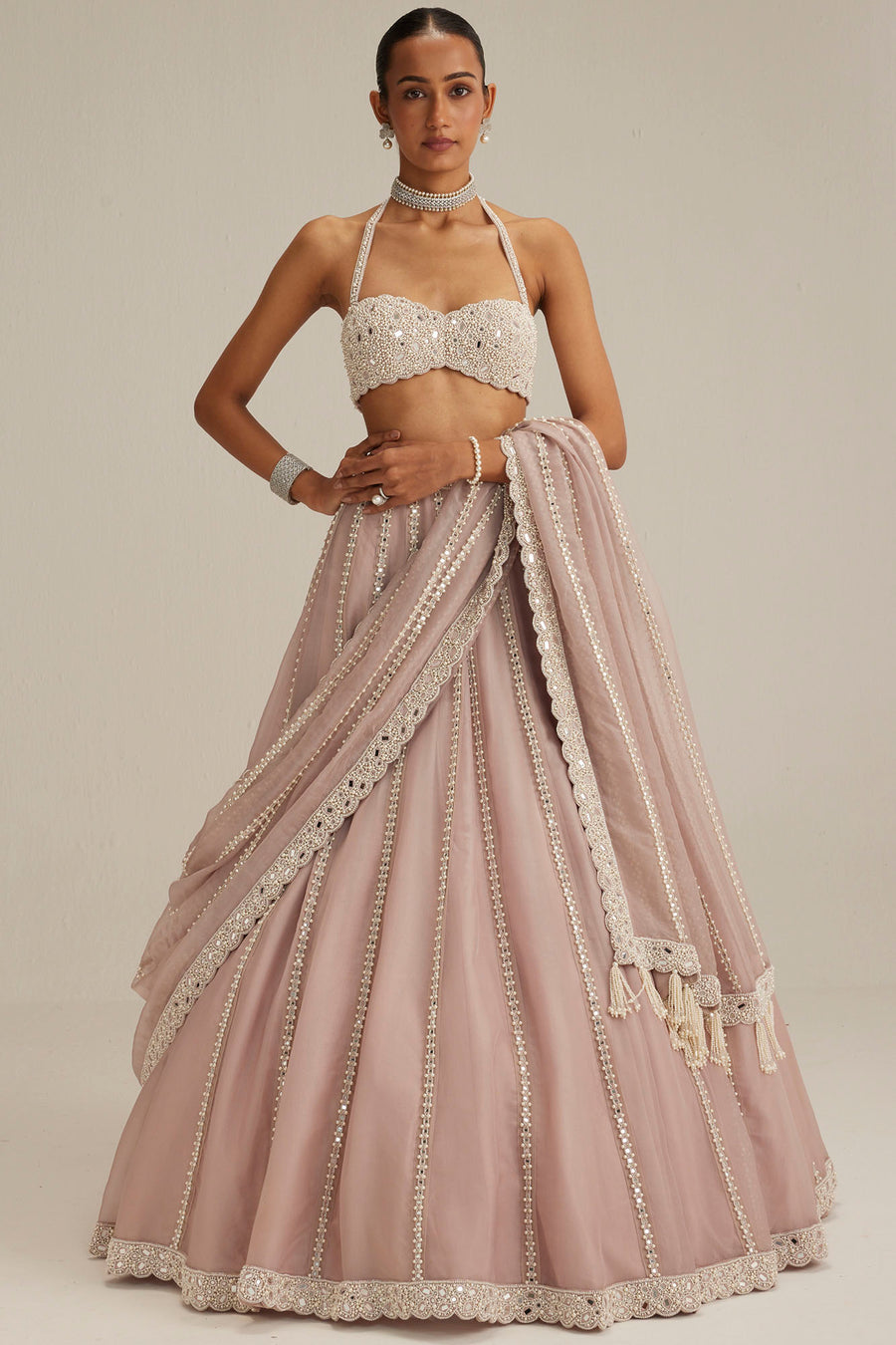 Ash Pink Linear Embroidered Lehenga