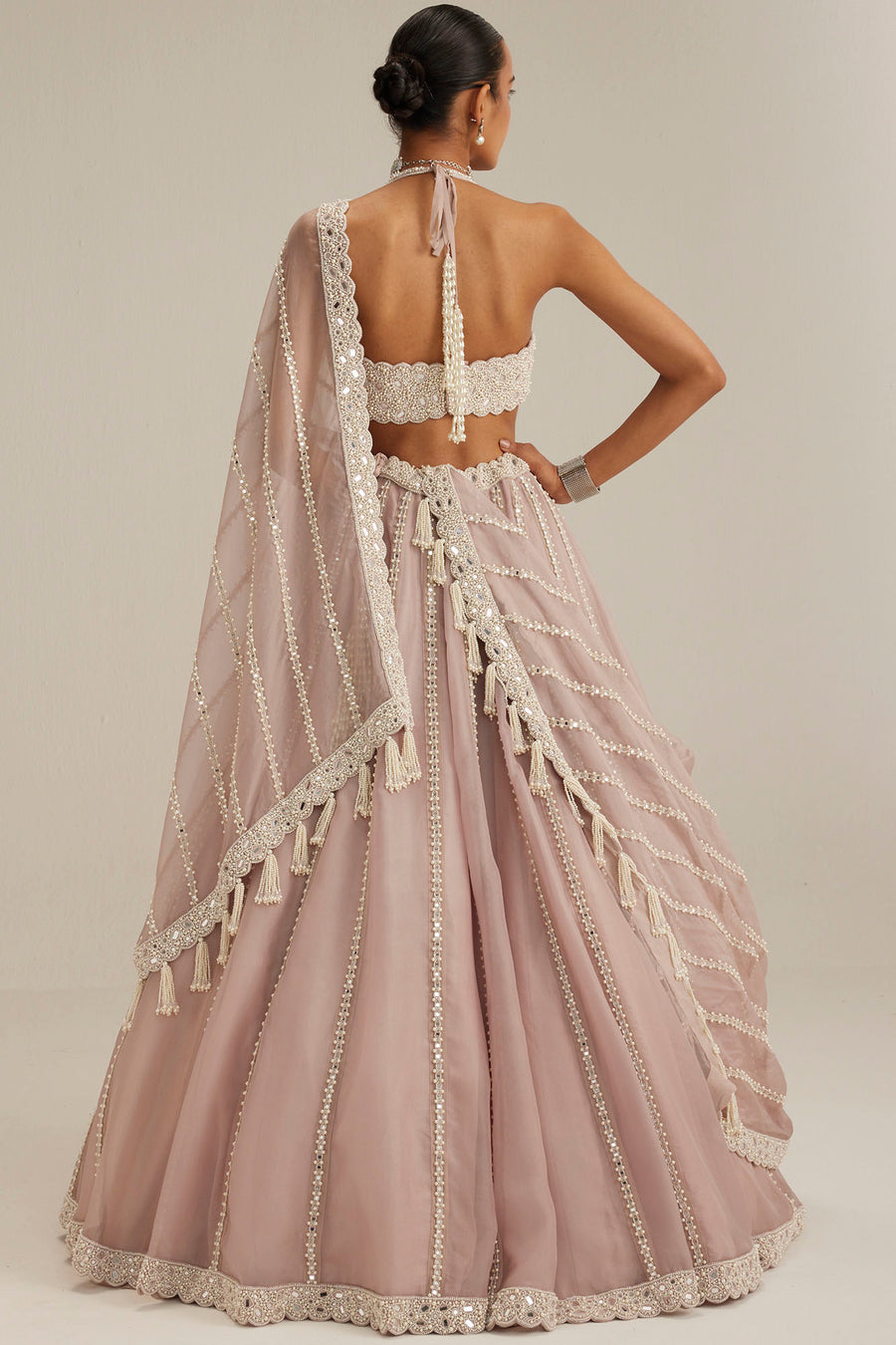 Ash Pink Linear Embroidered Lehenga