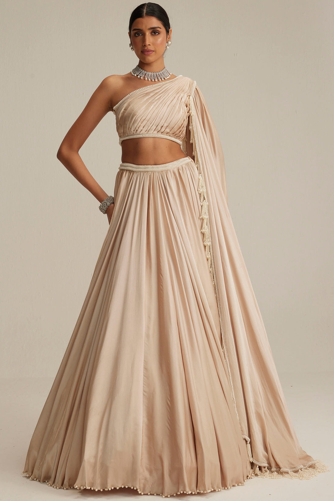 Light Beige Satin Lehenga Set