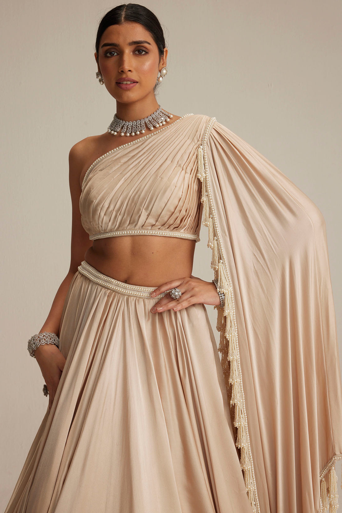 Light Beige Satin Lehenga Set