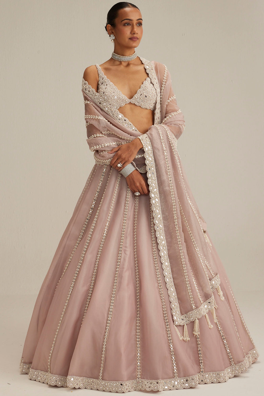 Ash Pink Pearl Linear Lehenga