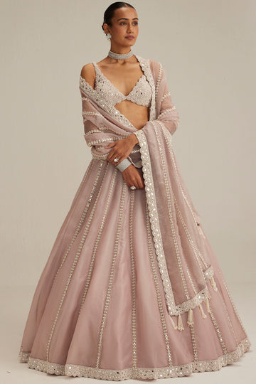 Ash Pink Pearl Linear Lehenga