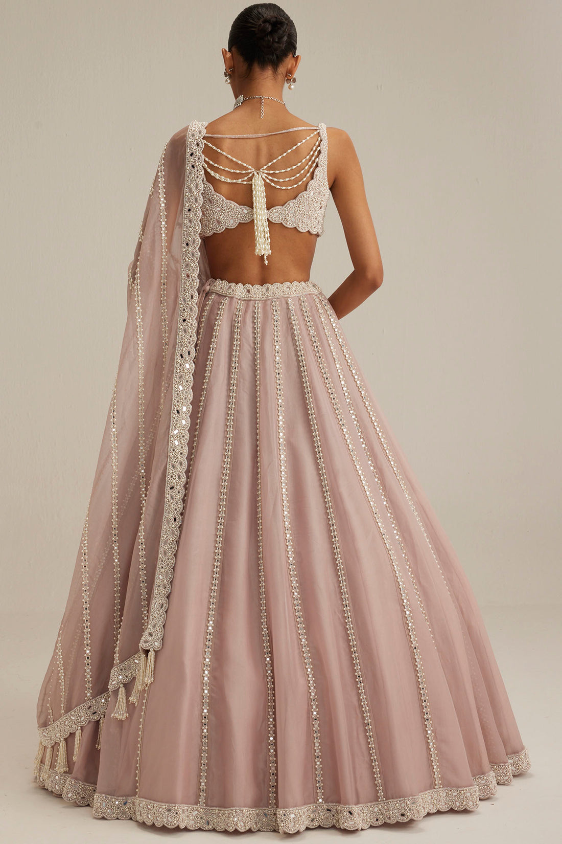 Ash Pink Pearl Linear Lehenga
