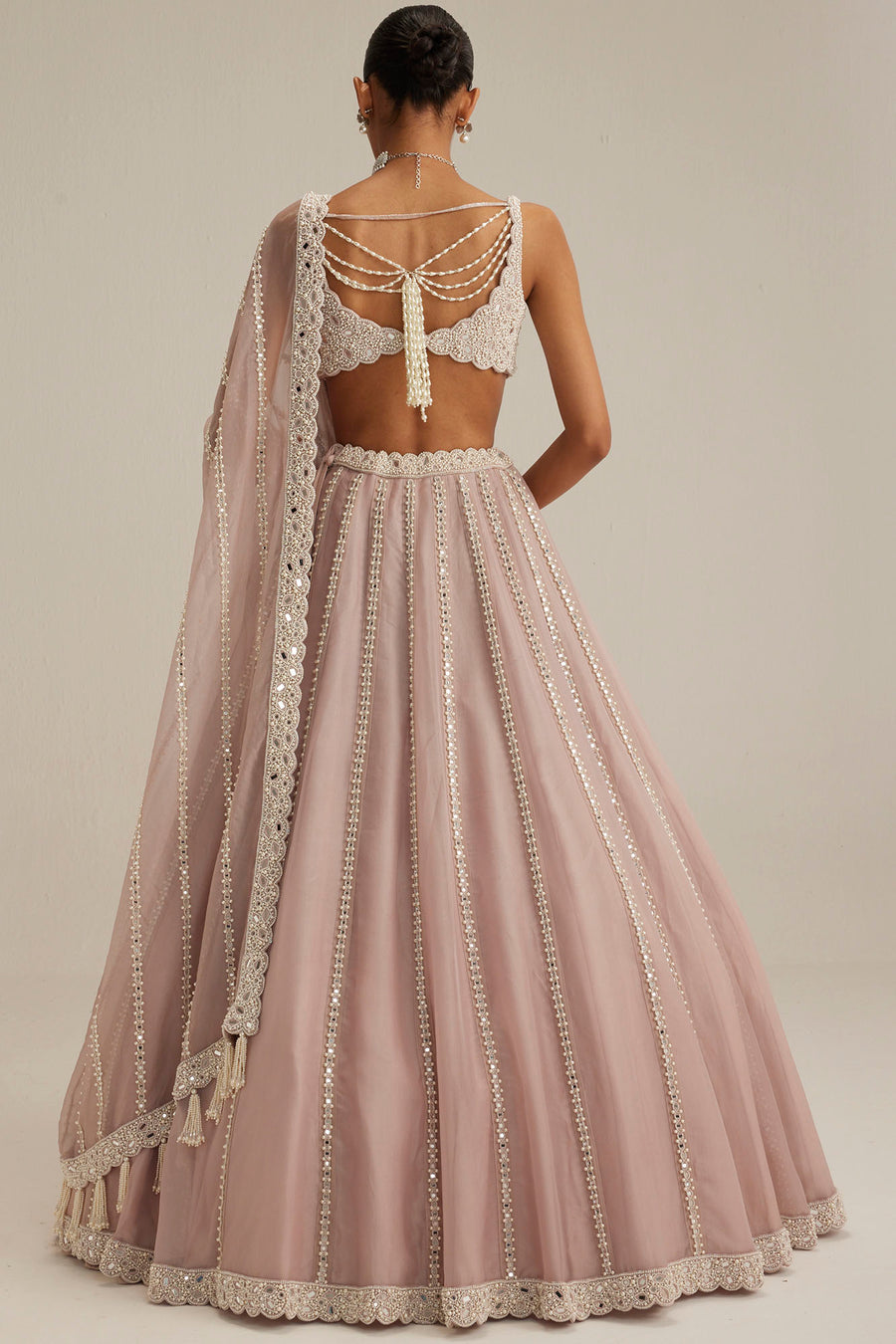 Ash Pink Pearl Linear Lehenga