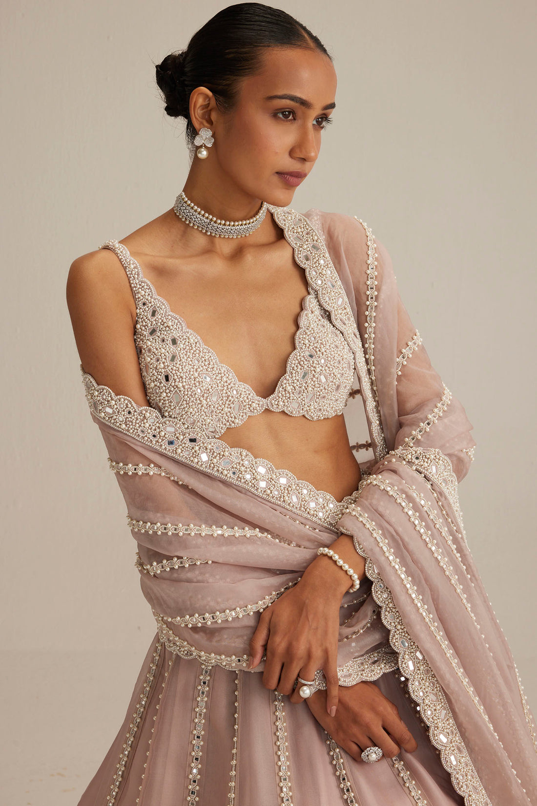 Ash Pink Pearl Linear Lehenga