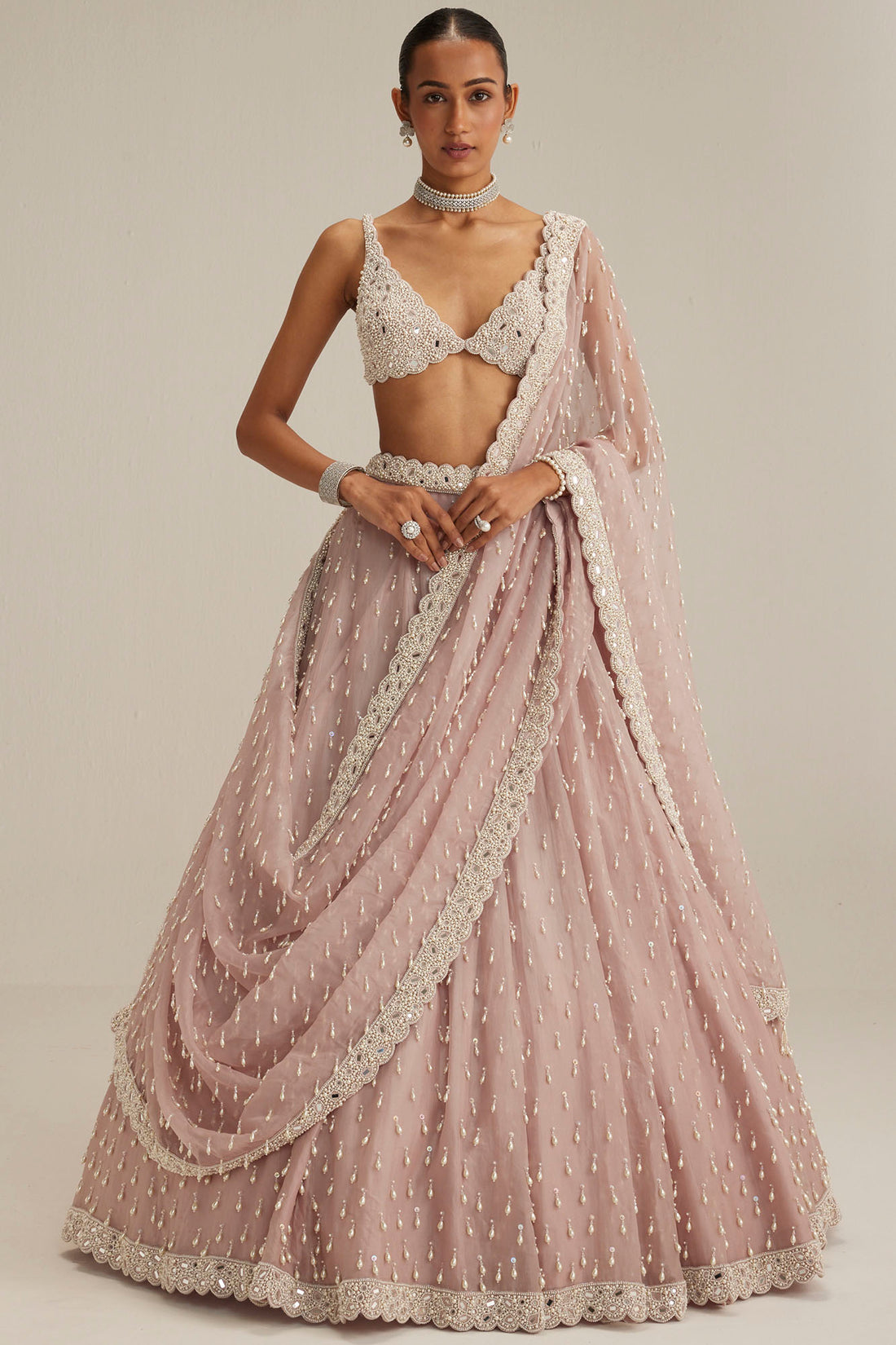 Ash Pink Pearl Drop Organza Lehenga Set