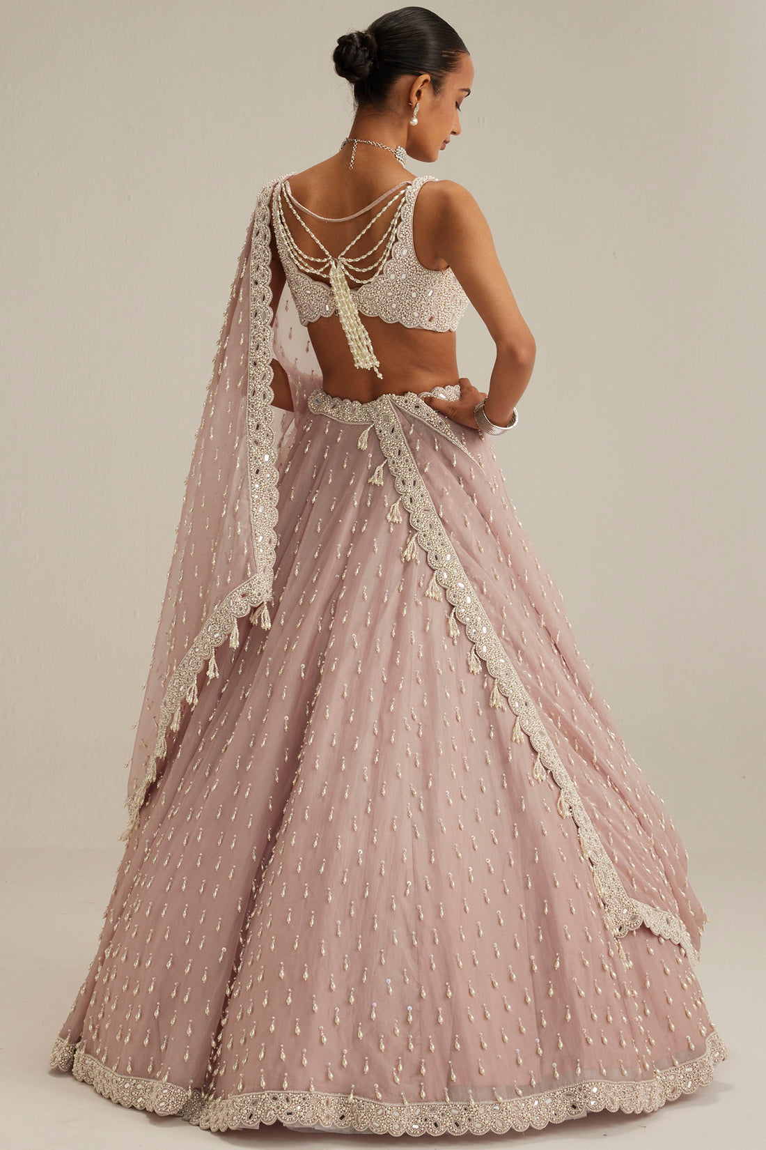 Ash Pink Pearl Drop Organza Lehenga Set