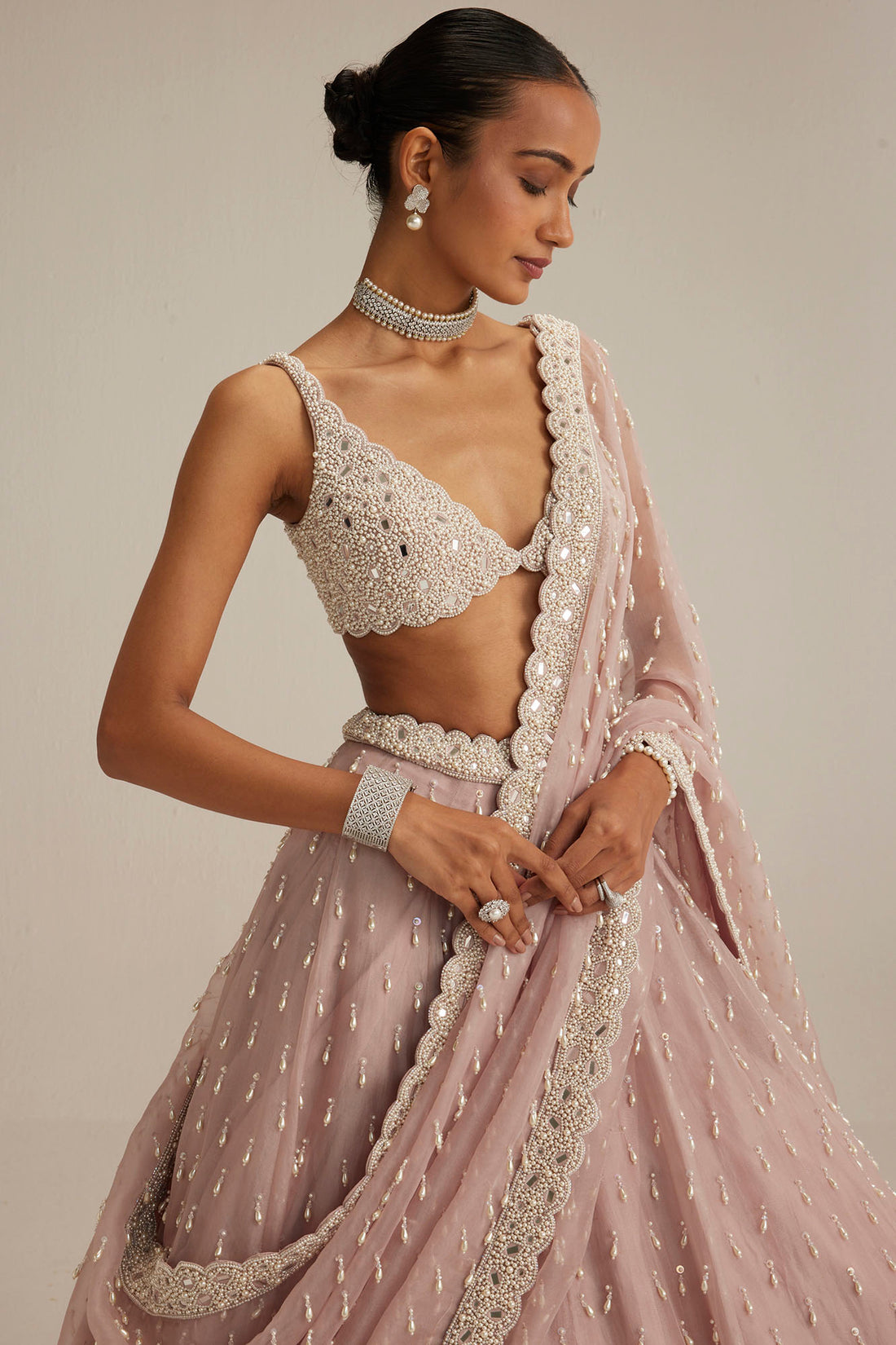 Ash Pink Pearl Drop Organza Lehenga Set