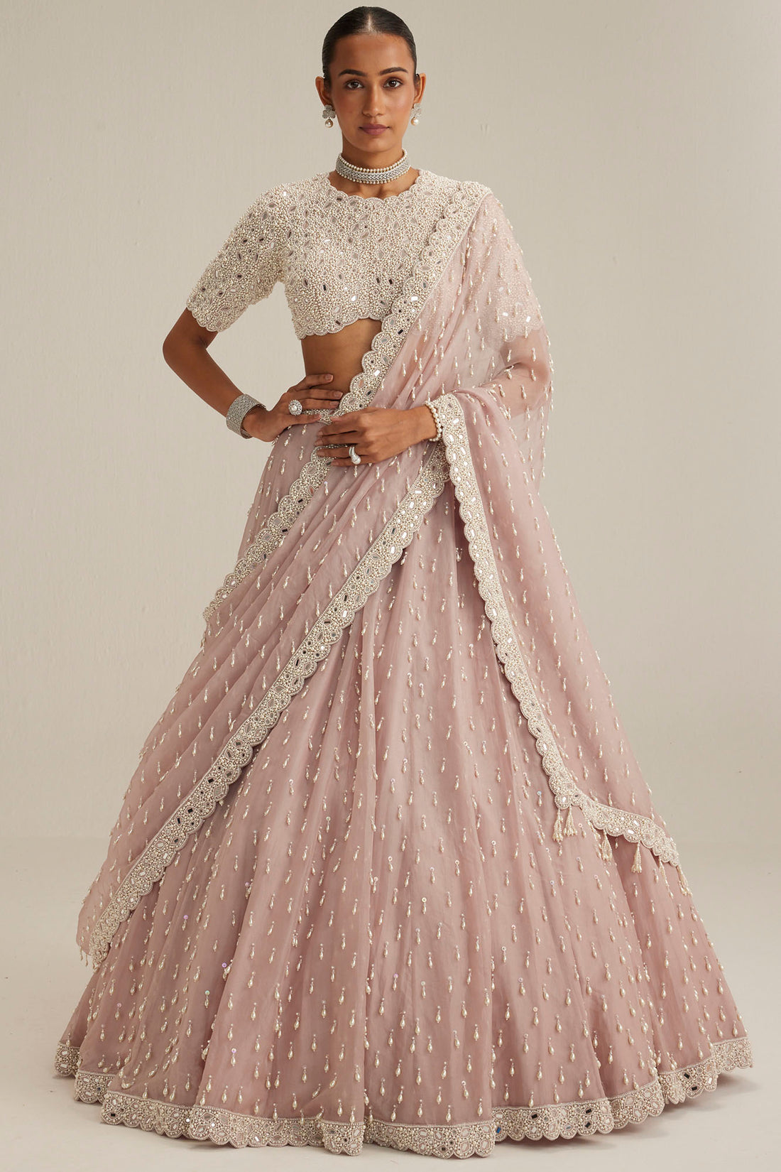Ash Pink Pearl Drop Lehenga