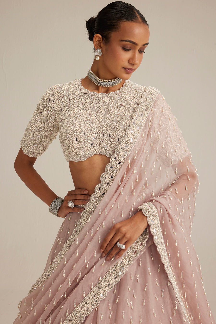 Ash Pink Pearl Drop Lehenga