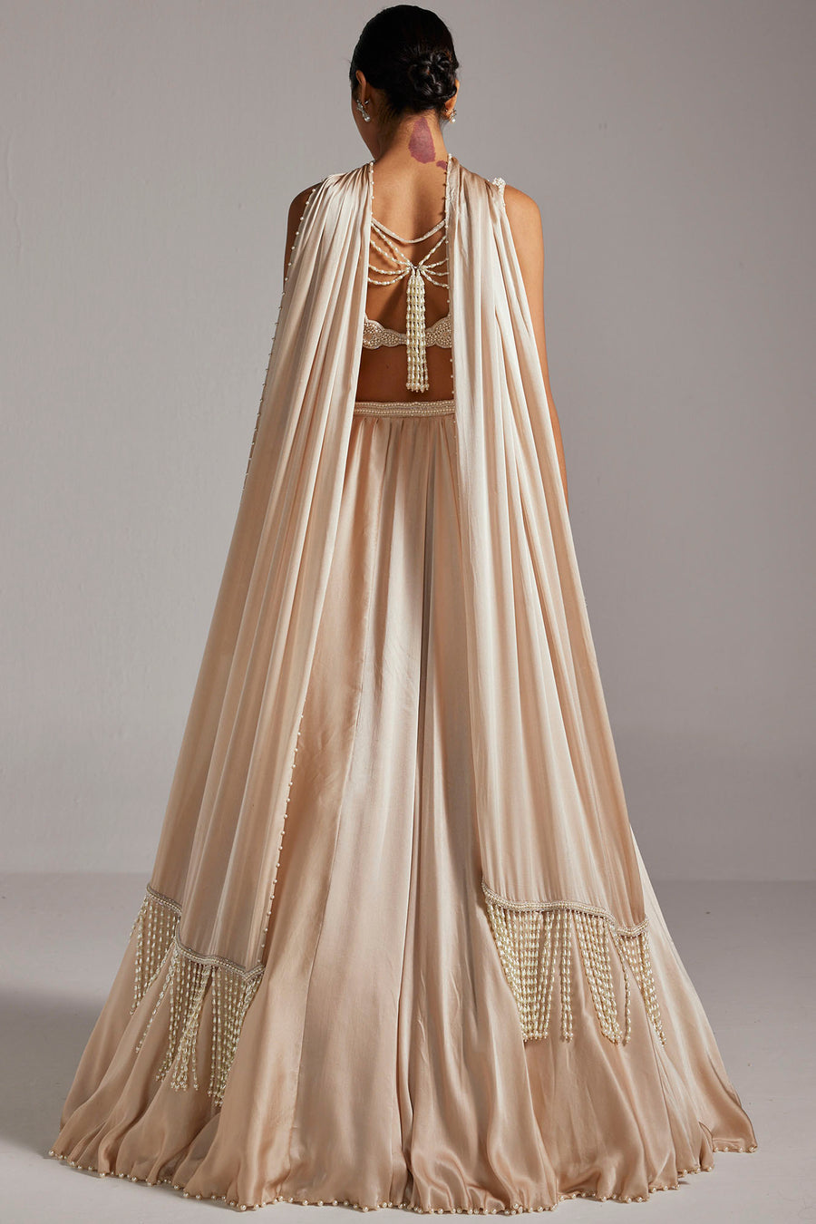 Light Beige V-Neck Satin Skirt Set