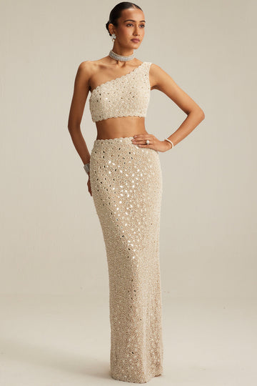 Light Beige One Shoulder Pencil Skirt Set