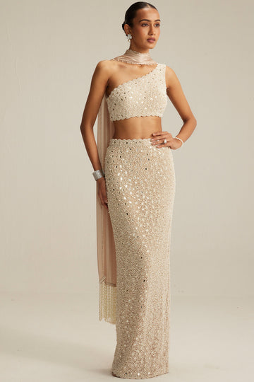 Light Beige One Shoulder Pencil Skirt Set