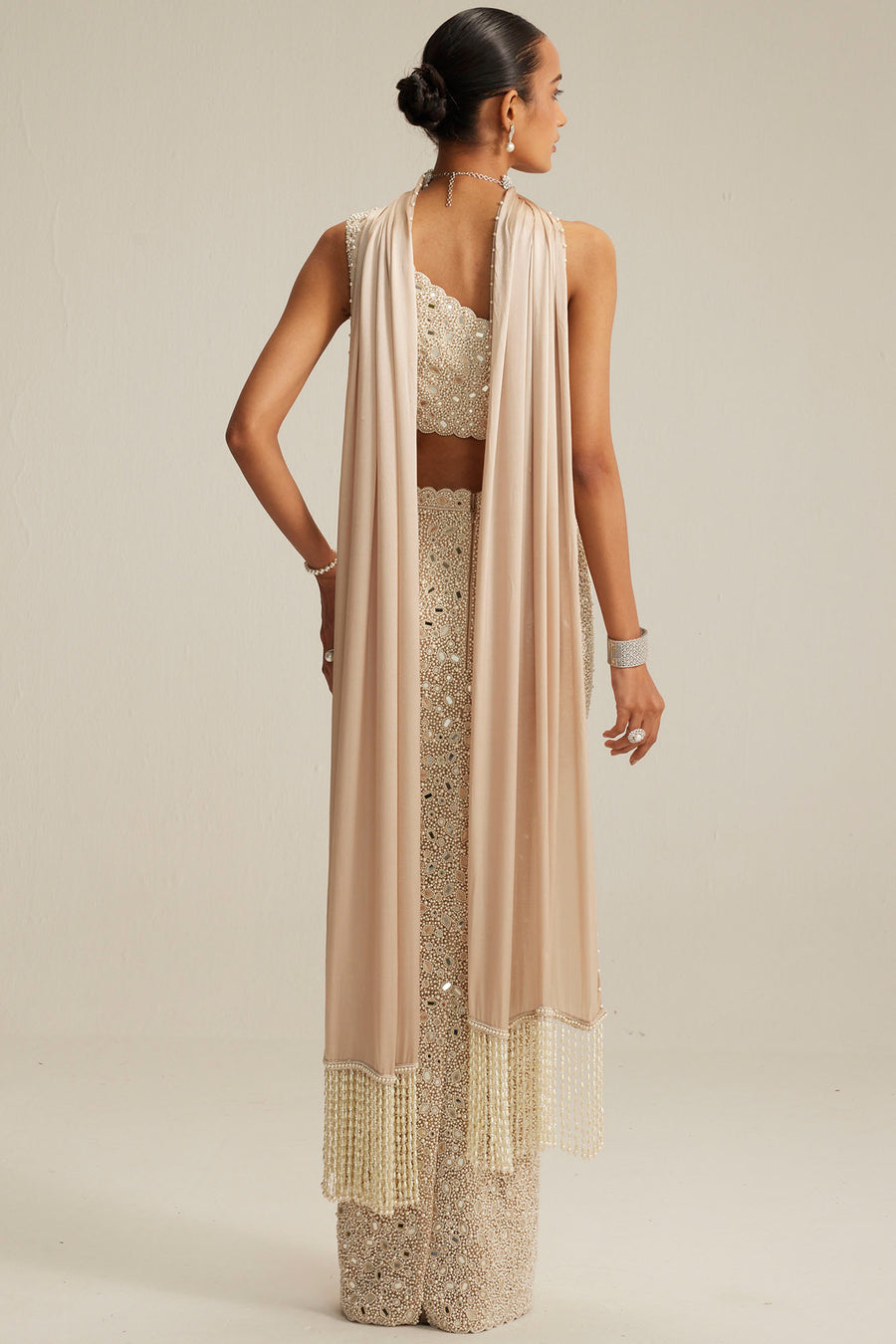 Light Beige One Shoulder Pencil Skirt Set