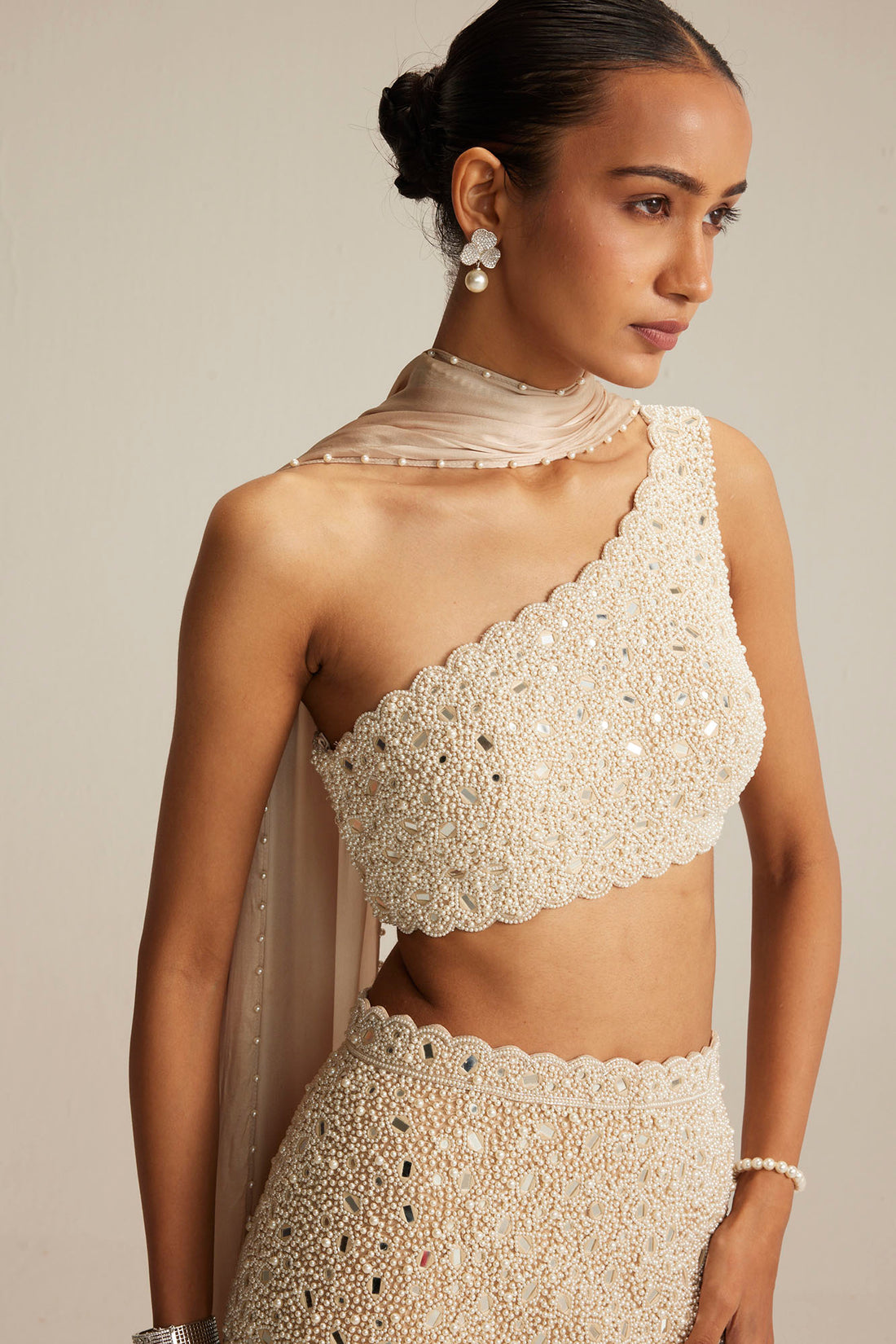 Light Beige One Shoulder Pencil Skirt Set