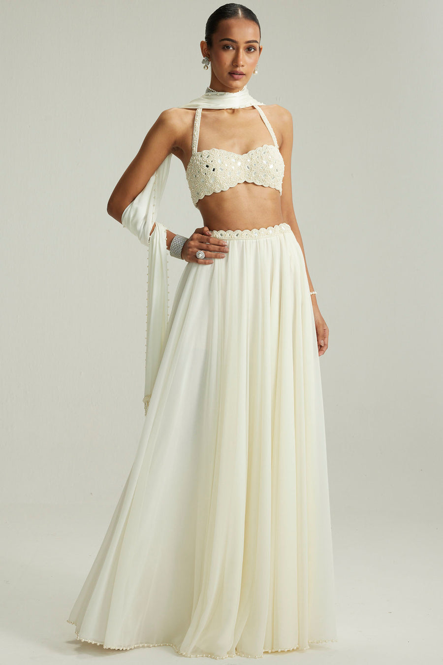 Off White Halter Neck Blouse Skirt Set