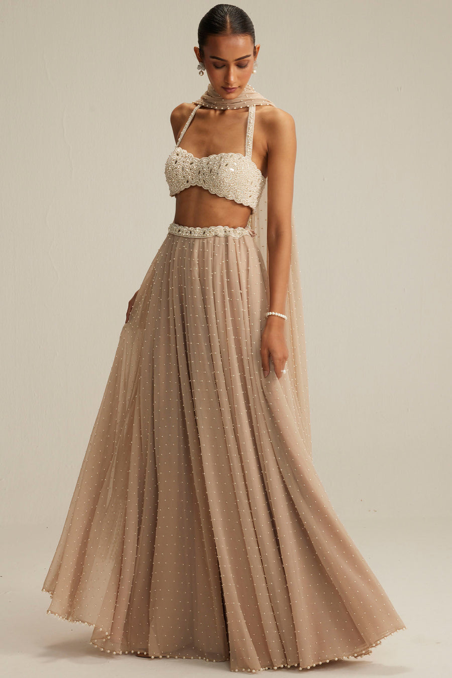 Light Beige Skirt With Halter Neck Blouse