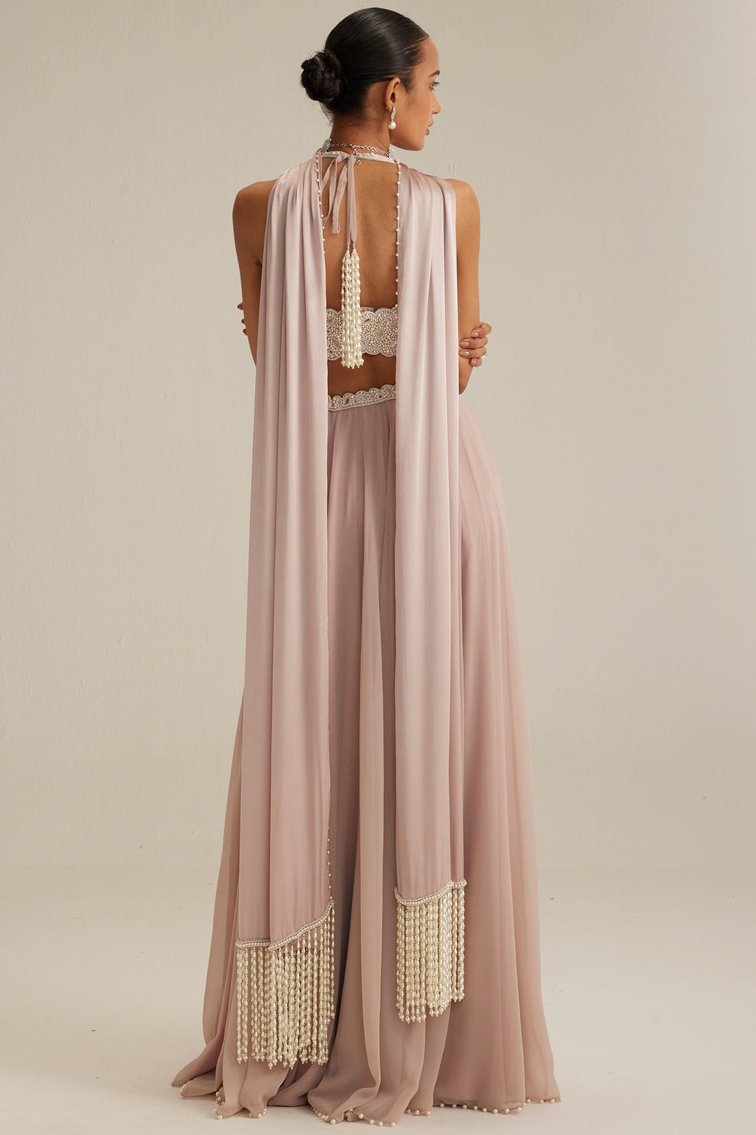 Ash Pink Georgette Skirt with Halter Blouse & Stole
