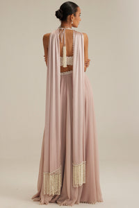 Ash Pink Georgette Skirt with Halter Blouse & Stole