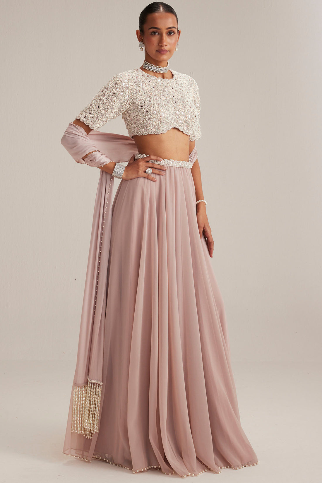Ash Pink Georgette Skirt with Blouse and Stole