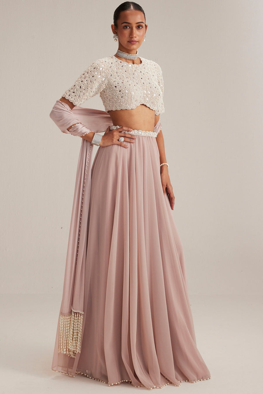 Ash Pink Georgette Skirt with Blouse and Stole