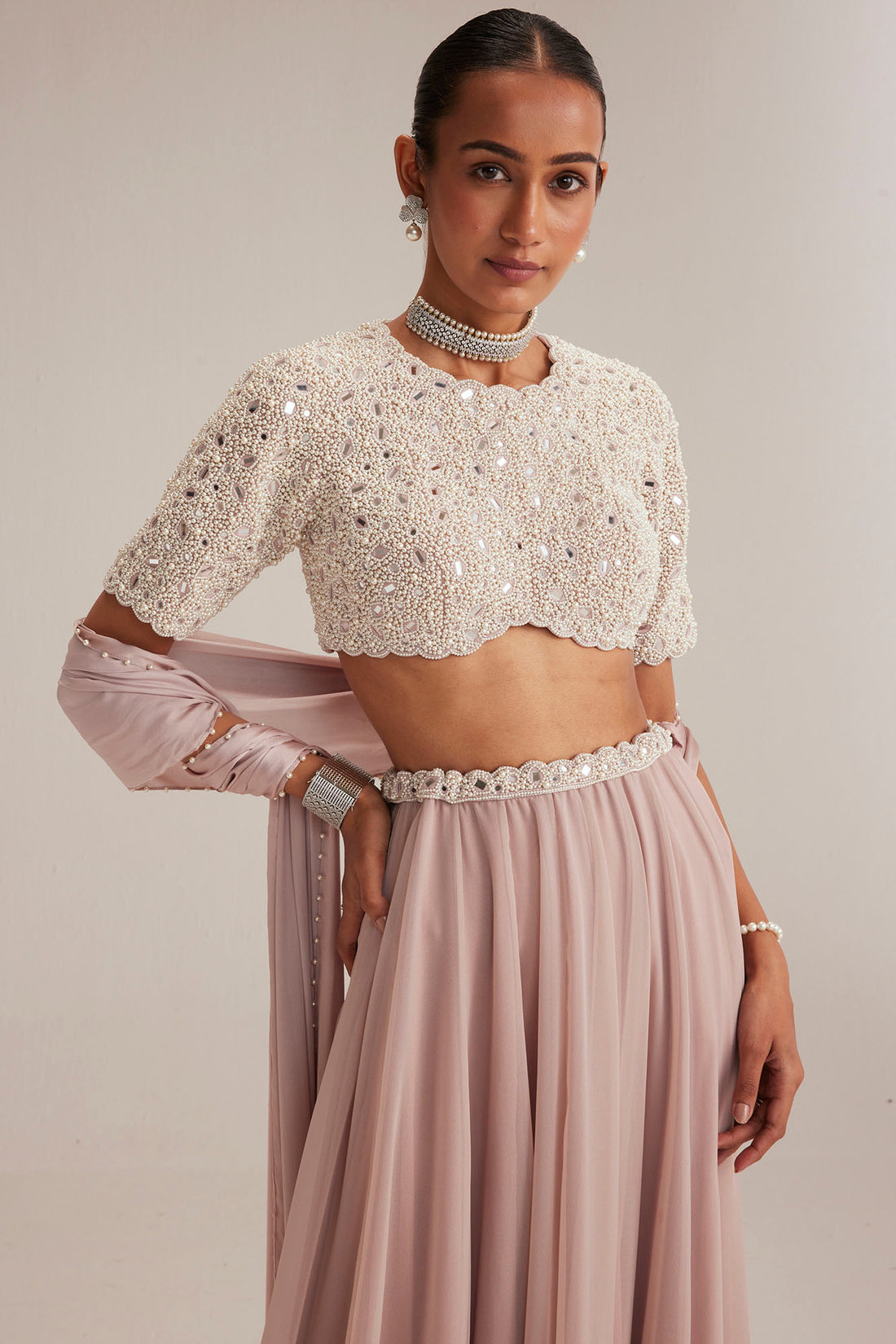 Ash Pink Georgette Skirt with Blouse and Stole