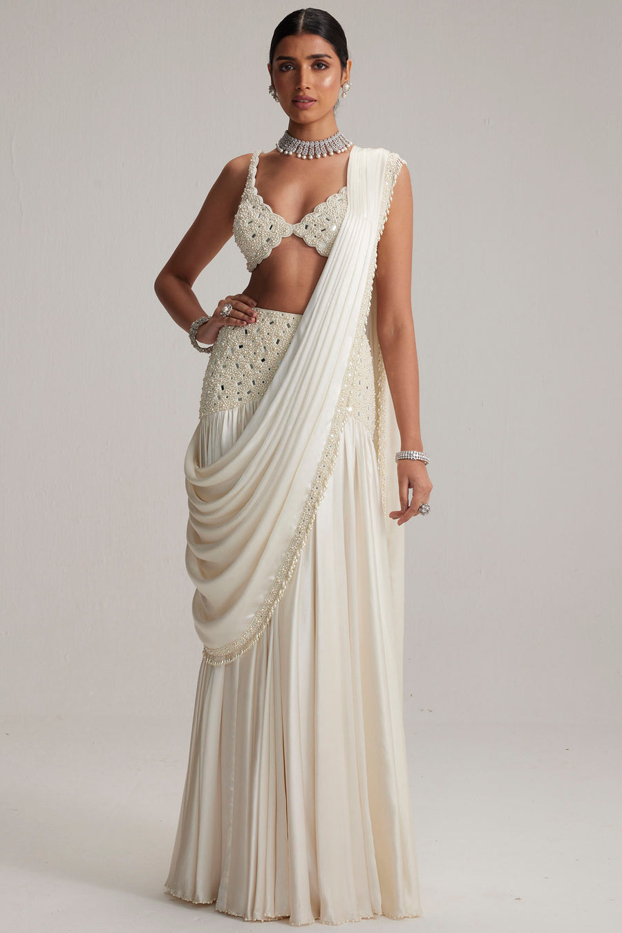 Pearl White Satin Draped Saree Set
