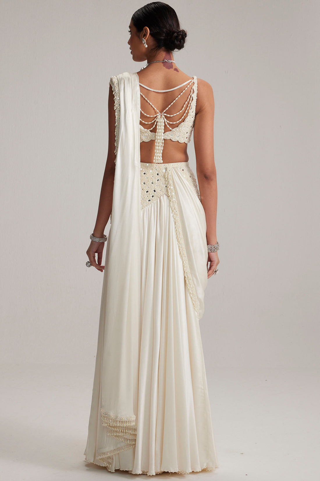 Pearl White Satin Draped Saree Set