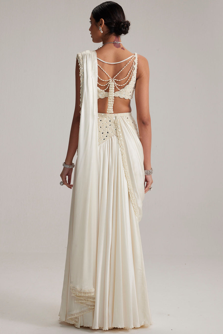 Pearl White Satin Draped Saree Set