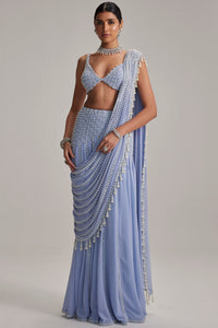 Dew Blue Linear Mirror Saree Set