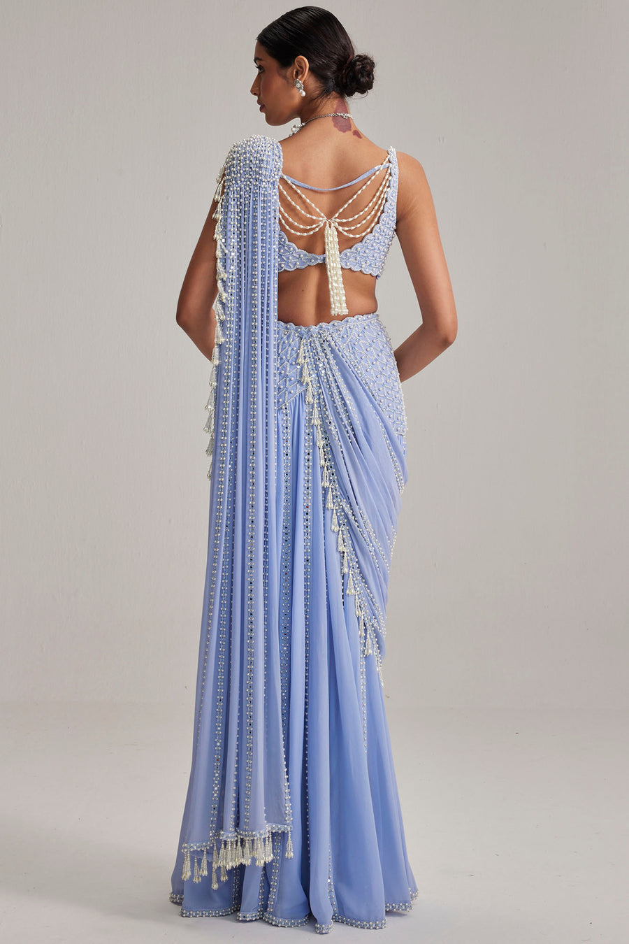 Dew Blue Linear Mirror Saree Set