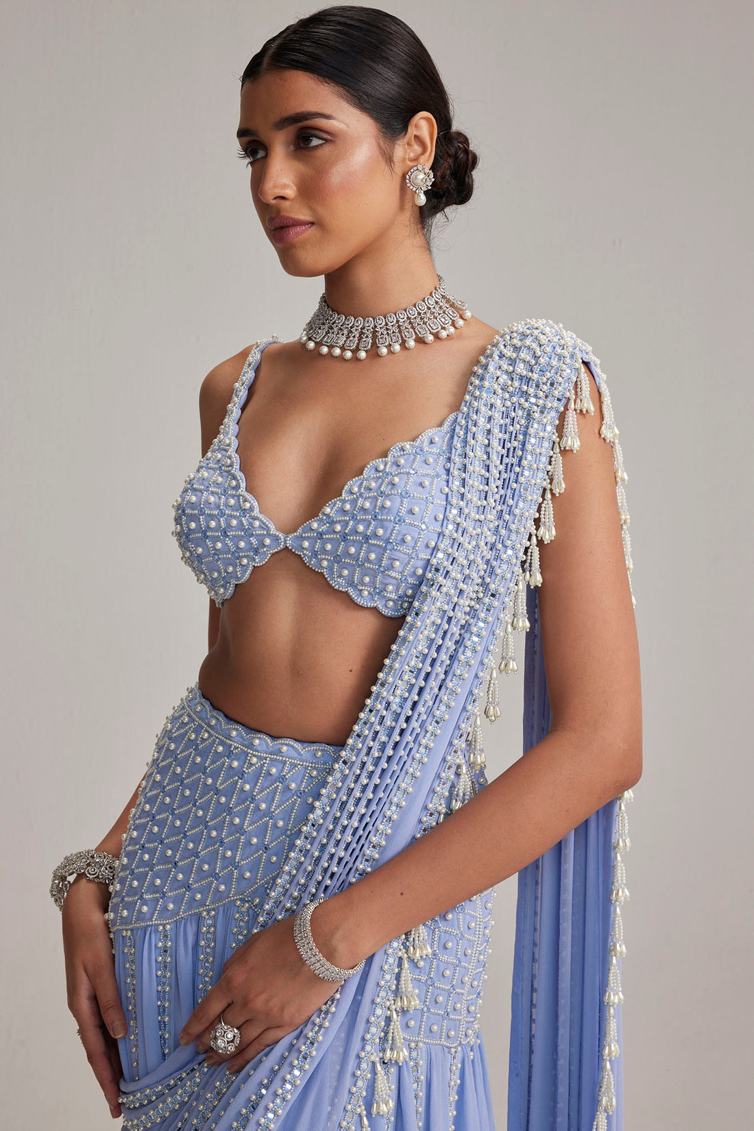 Dew Blue Linear Mirror Saree Set
