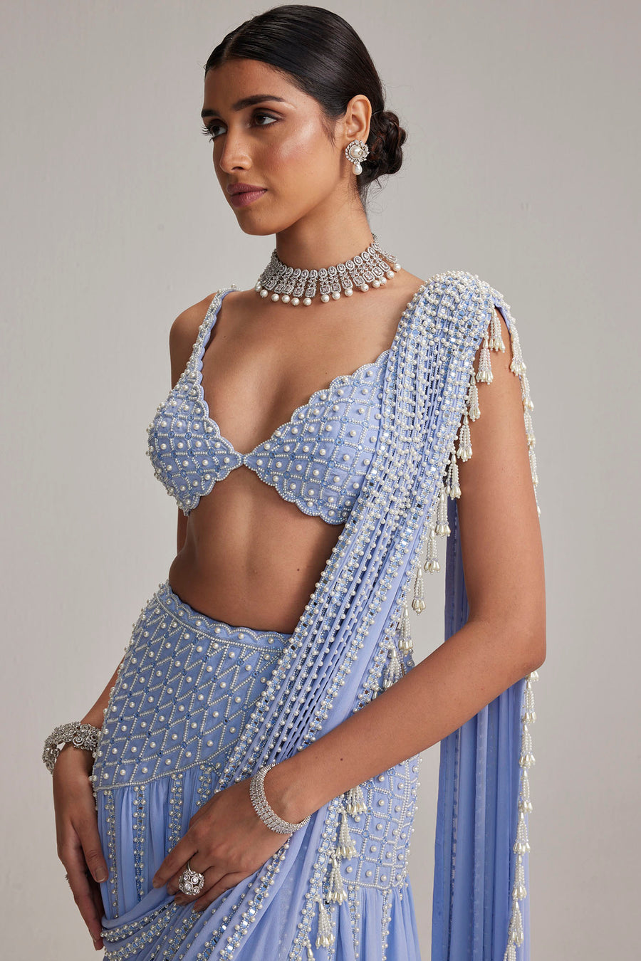 Dew Blue Linear Mirror Saree Set