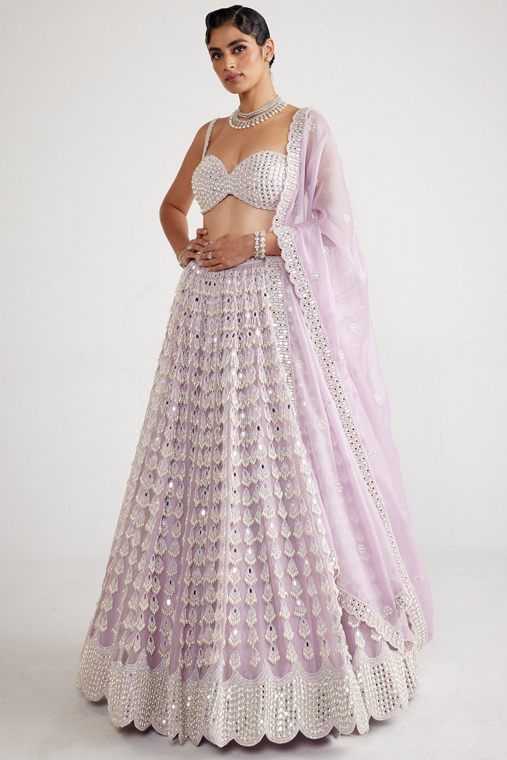 Vvani by Vani Vats | Powder Lilac Chandelier Pearl Drop Lehenga Set ...