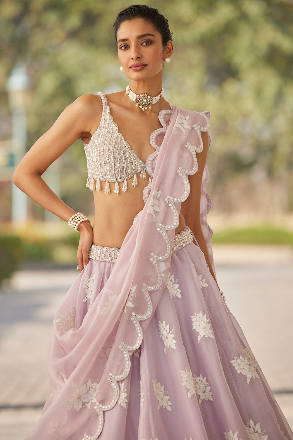 Powder Lilac Flower Lehenga Set