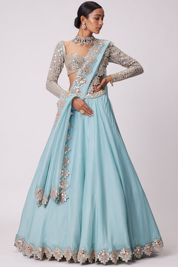 Powder Blue Organza Mirror Lehenga Set