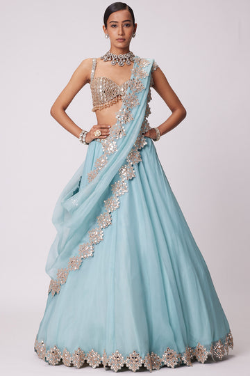 Powder Blue Organza Embroidered Lehenga Set