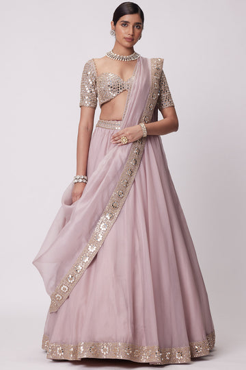 Ash Pink Flower Organza Lehenga Set