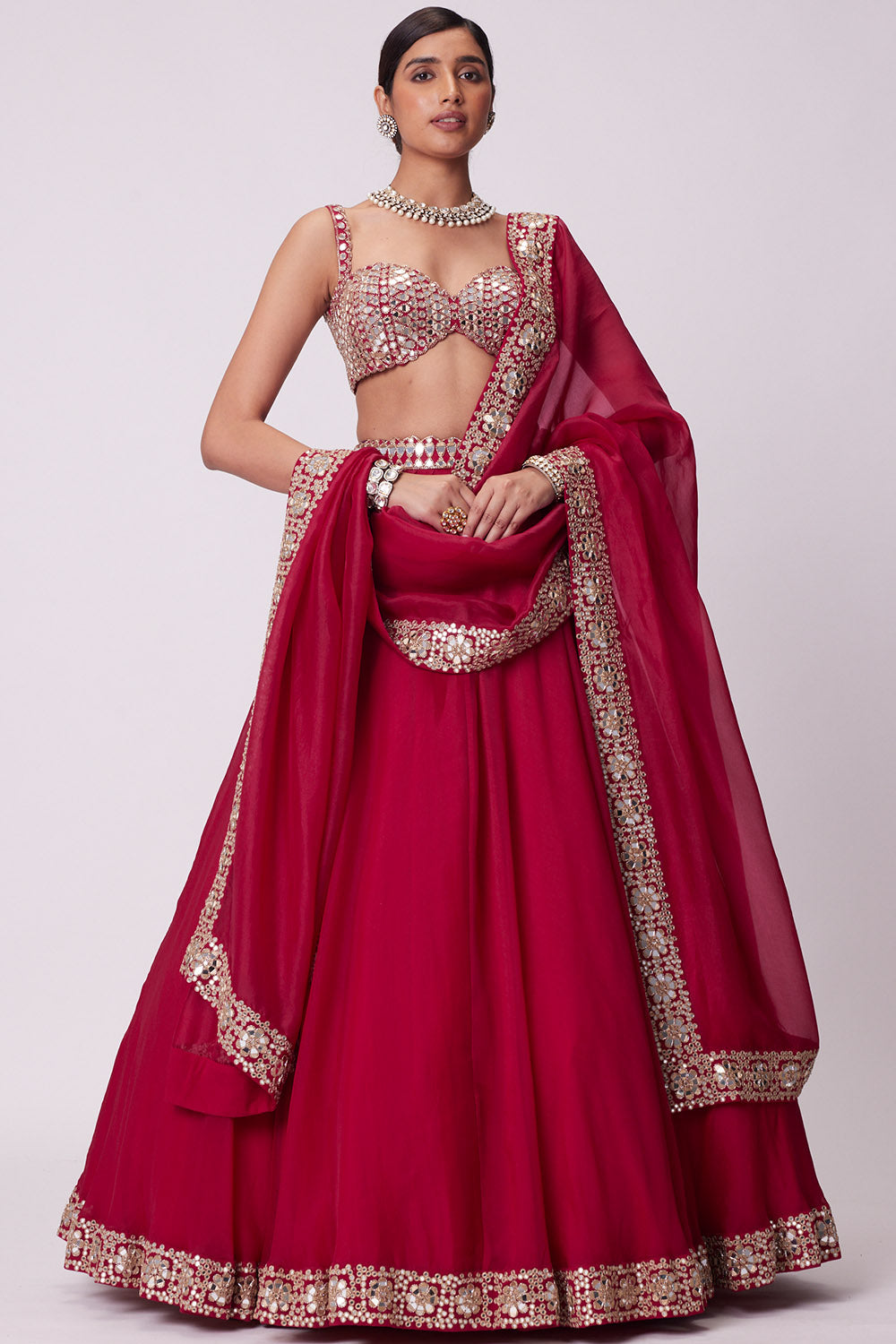 Crimson Red Organza Lehenga Set