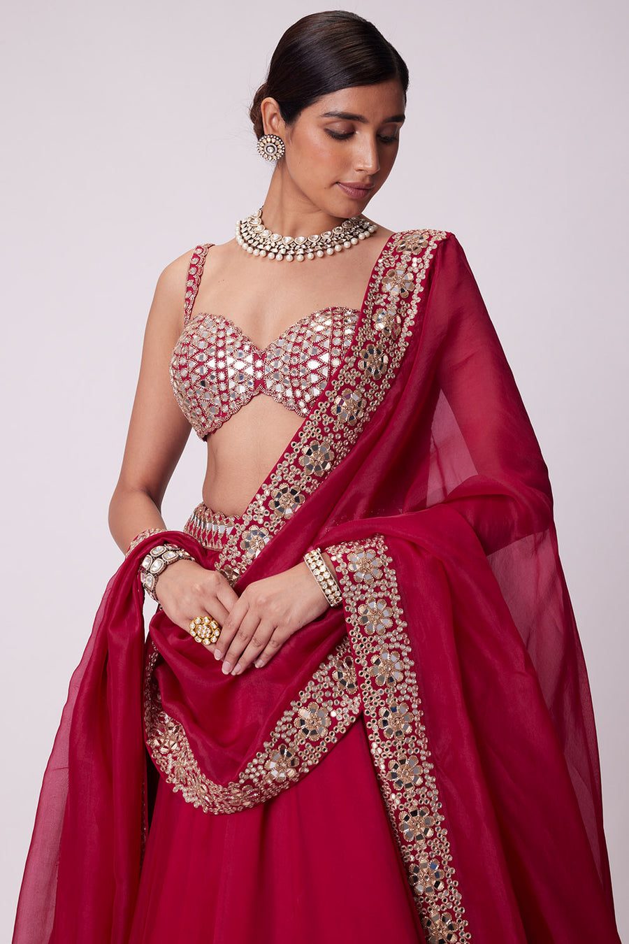 Crimson Red Organza Lehenga Set