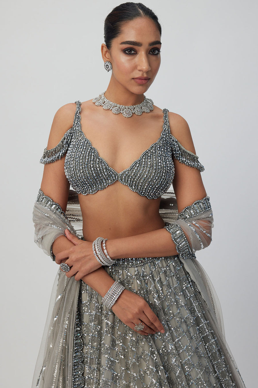 Crystal Grey Sequins Lehenga Set