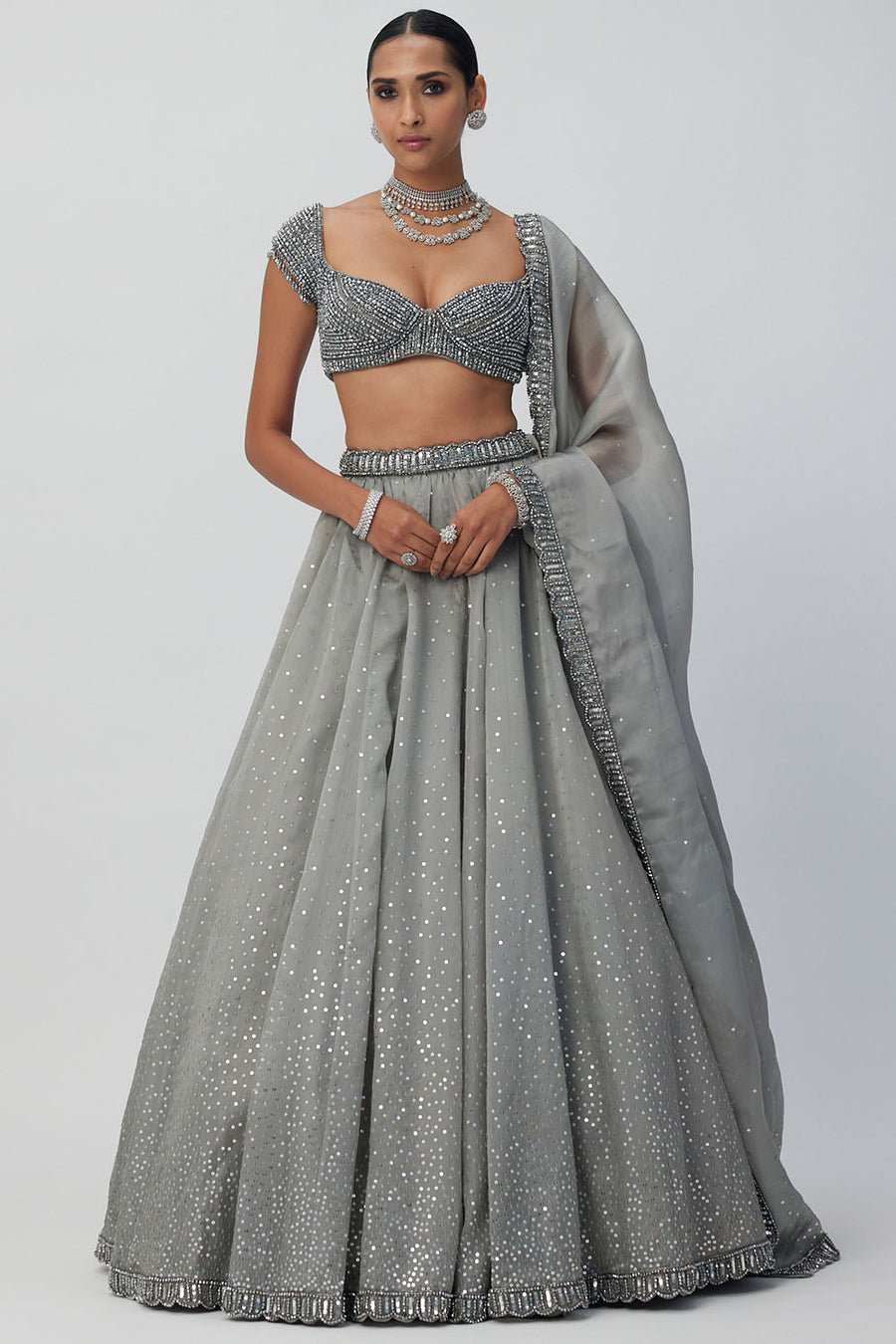 Crystal Grey Sequins Organza Lehenga Set