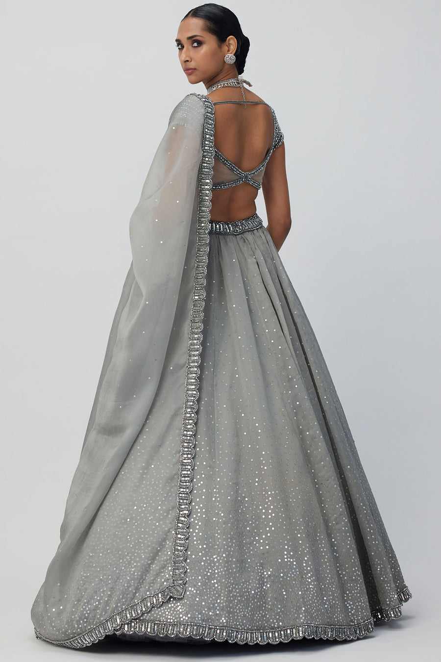 Crystal Grey Sequins Organza Lehenga Set