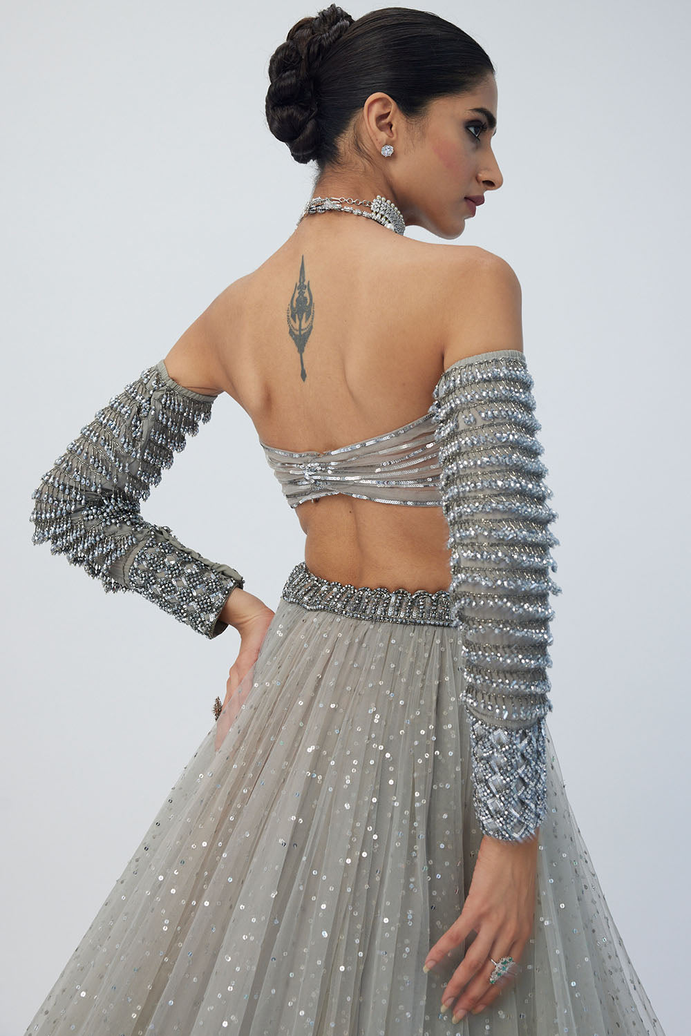 Crystal Grey Tulle Lehenga Set