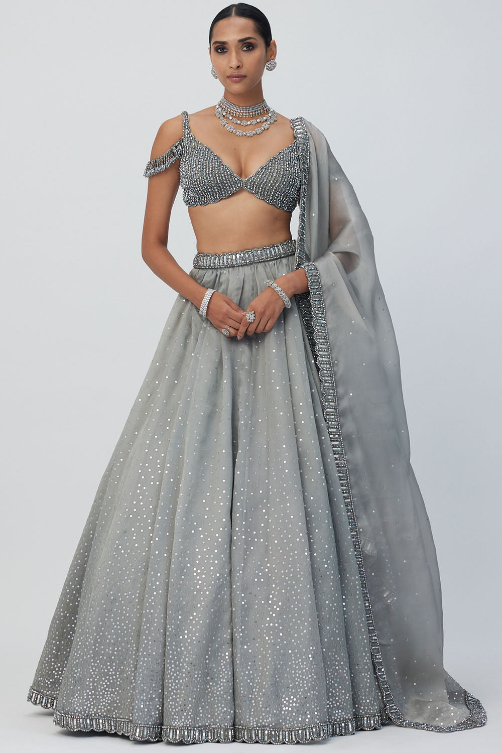 Crystal Grey Sequins Scattered Lehenga Set