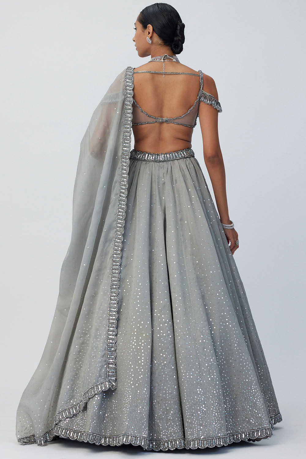 Crystal Grey Sequins Scattered Lehenga Set