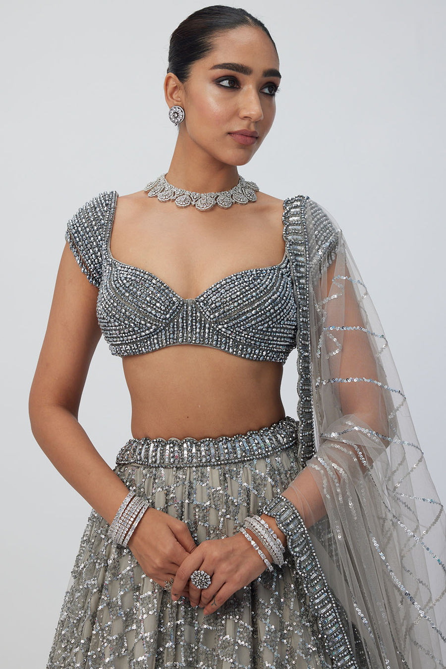 Crystal Grey Sequins Lehenga Set