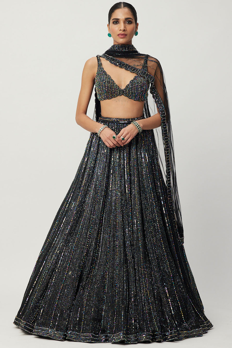 Black Linear Embroidered Lehenga Set