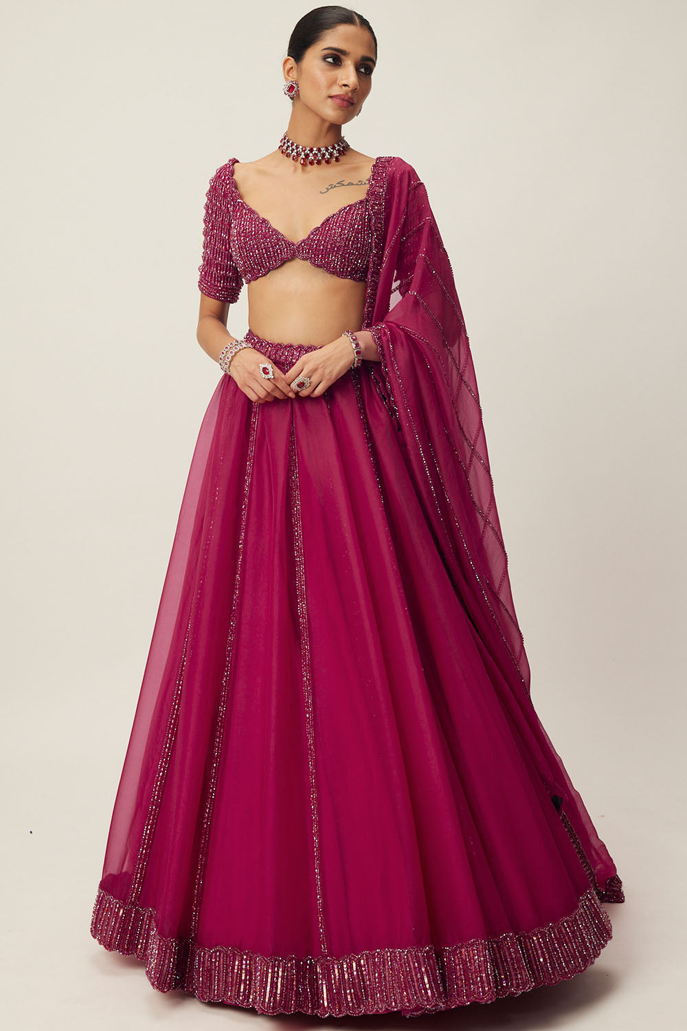 Ruby Red Organza Lehenga set