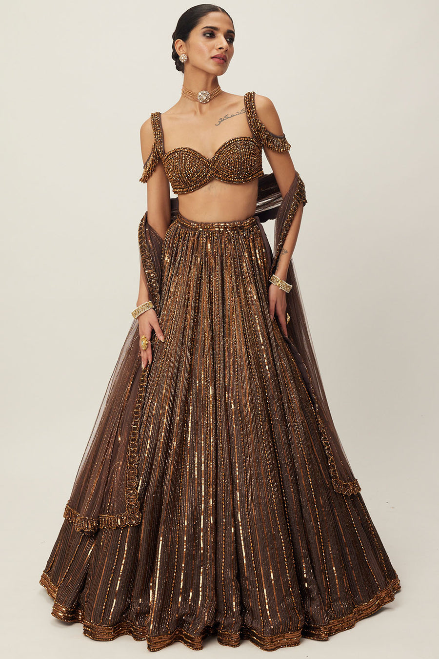 Copper Linear Embroidered Lehenga Set